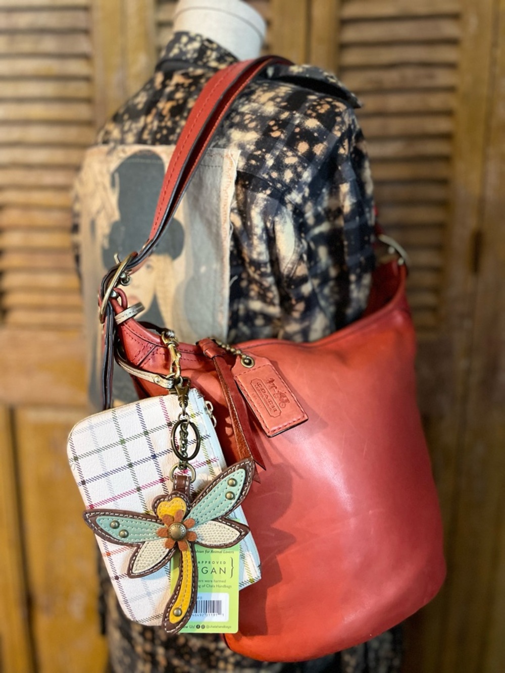 COACH Bleecker Tattersall Red Chili Leather Bucket Bag WITH Wristlet AND Charm